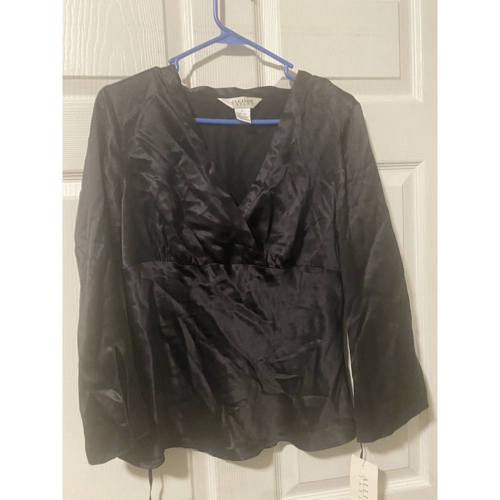 Allison Taylor Women's Black Silk Long Sleeve V Neck Top - Sz L